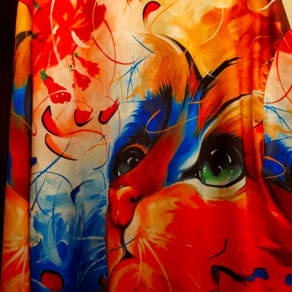 Beautiful long sleeved 3x top with lovely artwork of a cat in vibrant colors.